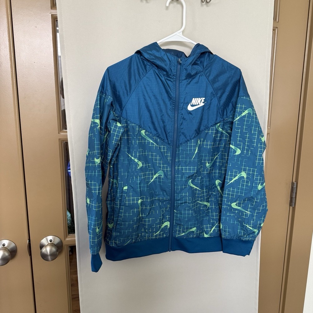 Nike Boys Large Blue Logo Loose Fit Hooded Lightweight Rain Jacket Full Zip Up